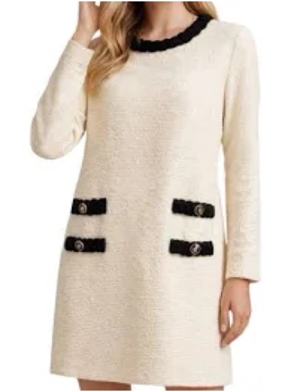 Tuckernuck Cream Bouclé Long Sleeve Shift Dress with Black Trim